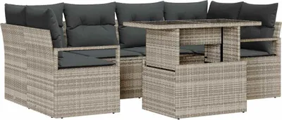 Immagine prodotto di Set da giardino composto da 7 pezzi, con 6 posti a sedere, in rattan sintetico color grigio chiaro