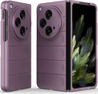 A purple phone case is shown from multiple angles, with one view revealing the phone inside.