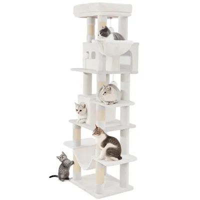 Produktbild von Fobyfurny großer Katzenkratzbaum, 170 cm hoch mit 8 Kratzbäumen, 2 Höhlen, großen Plattformen, waschbare Matte, Hängematte, Plüschbälle