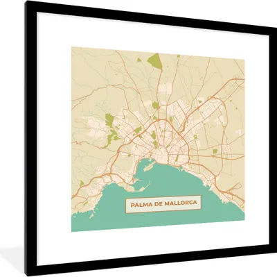 Produktbild von MuchoWow® Gerahmtes Poster Mallorca - Stadtplan - Vintage - Karte 40x40 cm - Poster mit Schwarzem Bilderrahmen Wandposter Rahmen Foto Bilder - Poster - Plakat im Rahmen