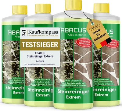 Produktbild von ABACUS® Steinreiniger Extrem, intensiver Steinreiniger für außen mit Sofortwirkung, entfernt sofort Schmutz, Grünbelag & Flechten auf Steinen 4x 1L
