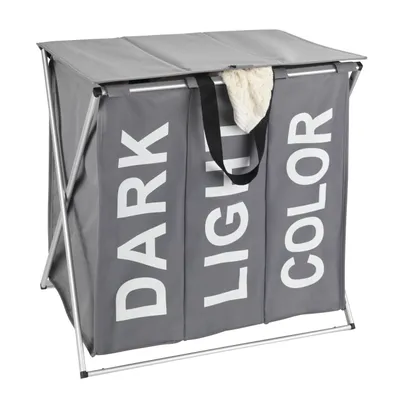 Produktbild von WENKO Wäschesammler Mod. Trio Top praktischer Wäschekorb mit 3 Fächern und Deckel Tragegriffe 118 Liter Volumen Maße 57 x 57 x 38 cm Grau