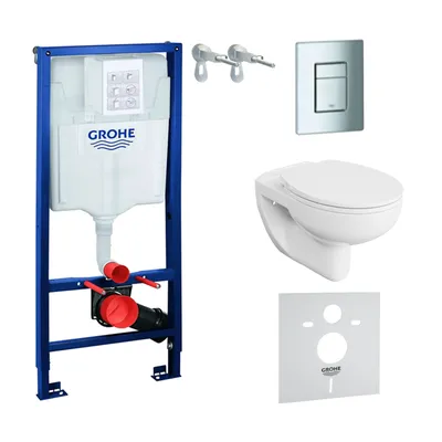 Produktbild von GROHE Vorwandelement Solido + Wand Hänge WC Arctic Weiß Spülrandlos + WC-Sitz SoftClose | Verchromter Knopf | Komplettset | Unterputz Spülkasten | Toilette Komplett Sett