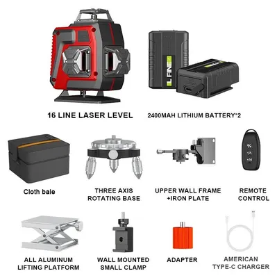 Obrázek produktu pro Laserový nivelátor – 16 linií, 4D – horizontální a vertikální – automatická 360° samonivelační funkce – elektronický – bez baterie