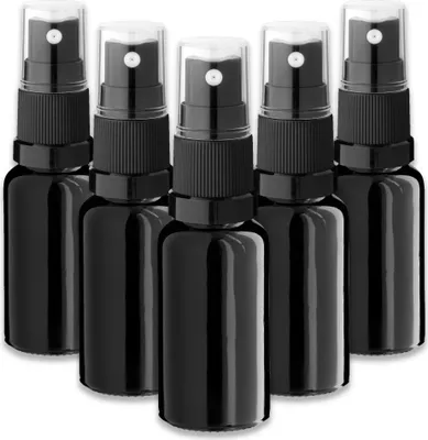 Produktbild von 5x Glasflasche schwarz 20 ml mit schwarzem Zerstäuber Sprükopf leer