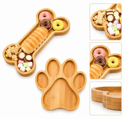 Produktbild von Bambus Servierbrett Set Hunde Design Pfote Knochen Snackplatte Holz Tablett Deko Küche Gemütlichkeit Geschenk