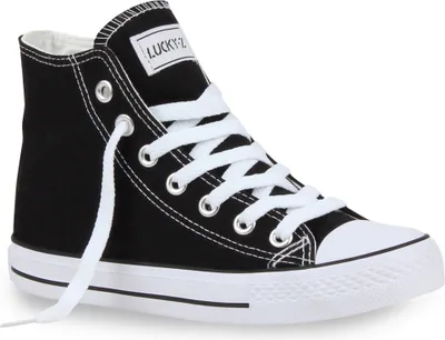 Produktbild von Mytrendshoe Damen High Top Sneakers Sportschuhe Kult Schnürer 94589, Farbe: Schwarz Lucky, Größe: 37