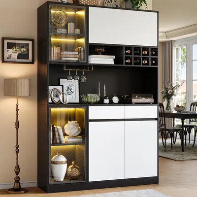 Image de Armoire multifonctionnelle avec éclairage LED, portes et tiroirs, meuble de rangement pour cuisine, salle à manger et bureau, buffet, noir et blanc