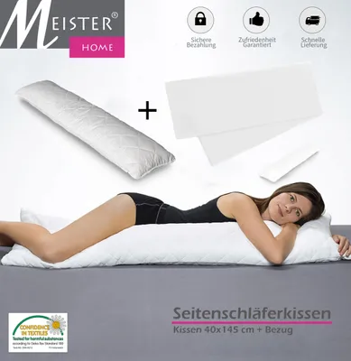 A woman is lying on a bed with a long pillow, and there are product shots and icons at the top.
