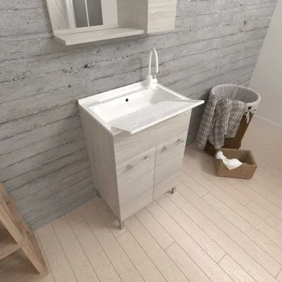 Produktbild von Waschbeckenunterschrank 50 cm Eiche Grau mit abnehmbarer Waschbrett | Pratico