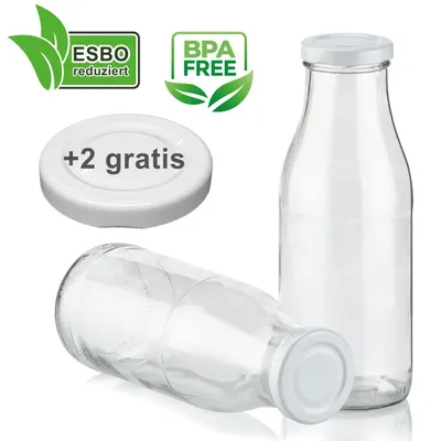Produktbild von Genieß-Bar! Glasflaschen, 1000 ml, BPA-frei, für Milch, Smoothies, Säfte, 2 Flaschen mit 4 Deckeln, leer, neutrales Design