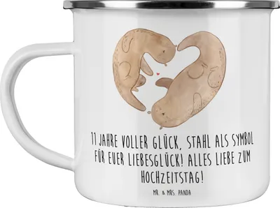 Produktbild von Mr. & Mrs. Panda Emaille Tasse 11. Hochzeitstag Stahlhochzeit - Weiß - Geschenk, Jubiläum, Heiraten, Geschenke, Haferl, Hochzeitstagssprüche, Pott, Heirat, Teetasse