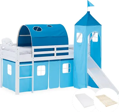 Image de Lit superposé 90x200 cm avec Toboggan Matelas Lit mezzanine en Bois Pin Massif Lit d'enfant Rideau Tour Tunnel Bleu