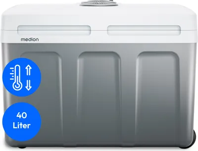 A front view of a white and gray Medion mobile electric cooler box.