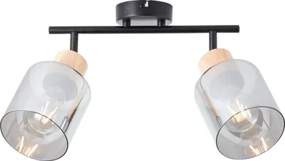 Produktbild von BRILLIANT WEALD Spotrohr 2flg schwarz/rauch/holz | Deckenspot mit rauchfarbenen Schirmen | 2 x E27 max. 40 W | Metall/Glas/Holz