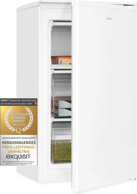 A white upright freezer with its door slightly ajar, revealing storage compartments. A German customer award badge is affixed to the left side of the freezer.
