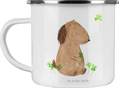 Produktbild von Mr. & Mrs. Panda Emaille Tasse Hund Kleeblatt - Weiß - Geschenk, Pott, Neuanfang, Sprüche, Kaffeepott, Viel Glück, Teetasse, Haferl, Glücksbringer, Selbstliebe