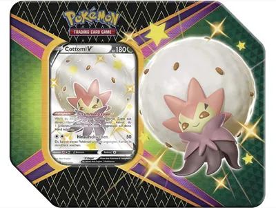 A Pokemon trading card game tin box featuring Cottomi-V.