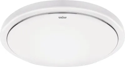 A white, round LED ceiling light is shown against a white background.