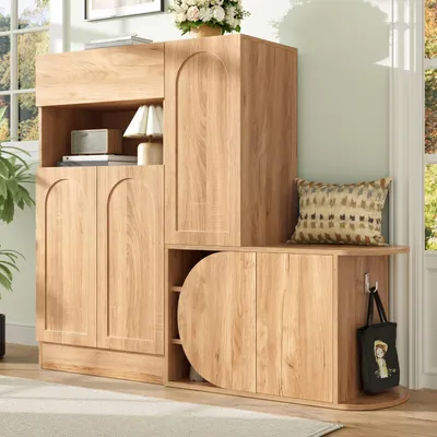 Produktbild von Moderner Schuhschrank mit Sitzbank 1 Schublade 5 Türen und offenem Ablagefach großer Stauraum für Flur und Eingangsbereich 130 × 35 × 110,5 cm