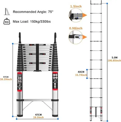 Immagine prodotto di Scala telescopica - Scala domestica dritta da 5 metri - Acciaio inossidabile - Pieghevole - Con 2 ganci - Scala portatile per lavori e soffitta