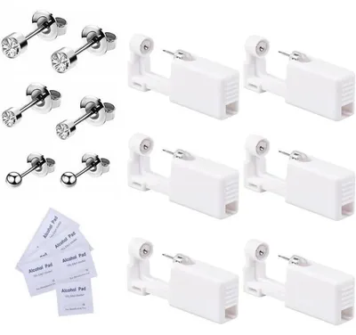 Produktbild von Ohrlochstechpistolen Set 6 Stück Einweg Steril Selbst-Piercing Werkzeug mit Ohrstecker Silber Weiße Diamanten 3-4mm