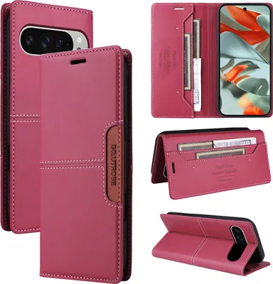 A collage of images showing a red flip wallet phone case for a Google Pixel 9 Pro XL.