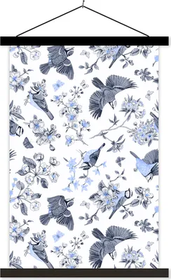 Produktbild von MuchoWow® Textilposter Blumen - Vogel - Blau 60x90 cm mit schwarzem Rahmen - Poster Wohnzimmer