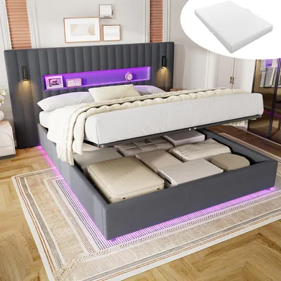 Produktbild von okwish Polsterbett 180×200 mit Nachtlichtern und Ablagefach,Jugendbett mit LED und Bettkasten, Boxspringbett in Grau,mit Matratze