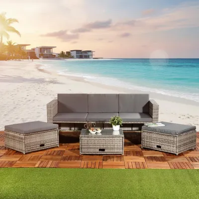 Produktbild von Melko Gartenmöbel 6tlg. Set Lounge Sitzgruppe Essgarnitur Polyrattan - Grau