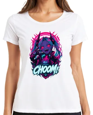 Zdjęcie produktu dla NEON CHOOM! Koszulka damska z motywem cyberpunkowym, anime, synthwave, Japonia, styl Y2K, manga, dla fanów anime, kolor biały, rozmiar M