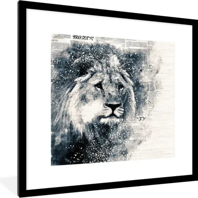 Produktbild von MuchoWow® MuchoWow® Gerahmtes Poster Löwe - Zeitung - Blau 40x40 cm - Poster mit zchwarzem Bilderrahmen - Poster - Plakat im Rahmen