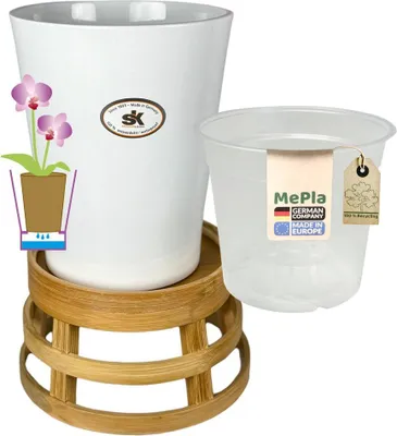 Produktbild von MePla - Set - Orchideenkübel Merina ø14 Weiss + Pflanztopf ø12 + Bamus-Topfständer