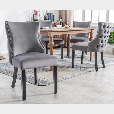 Image de Fortuna Lai Chaise à 4 pieds, chaise de salle à manger en velours gris, avec capitonnage boutonné, structure en bois massif, gris (lot de 4)