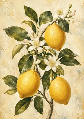 Immagine prodotto di Poster botanico formato DIN A2 – Fiori di limone e ramo di limone in stile vintage, finitura opaca