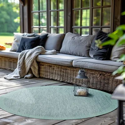 Produktbild von Outdoor Teppich Wetterfest Terrasse Balkon Garten Küchenteppich Flachgewebe Sisal Look Waschbarer Teppich, Blau Größe: 120 x 120 cm