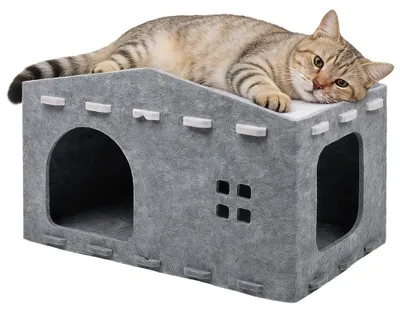 Image de Cocon pour chat en feutre, gris, 52x32 cm - Amovible et isolant, pour une utilisation en intérieur