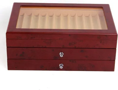 Zdjęcie produktu dla Zestaw piór 34 etui na pióra wieczne organizer na biurko 3-warstwowy organizer na biurko drewniane czerwone pudełko z okienkiem, pudełko na pióra wieczne na prezent