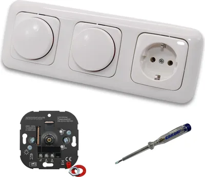 Produktbild von EBROM 1001 (2 x) LED Drehdimmer Dimmer + Busch Jäger Dimmerscheibe 2115-214 und Steckdose 20EUC-214 in Reflex Si alpinweiß glänzend inklusive EBROM Phasenprüfer zur Montage der Geräte