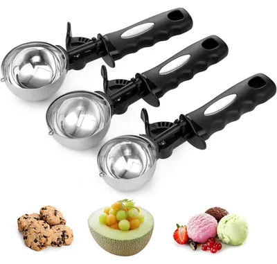 Produktbild von Eisportionierer-Set 3 Stück Edelstahl mit Daumenauslöser für Keksteig, Eis, Cupcake, Muffin