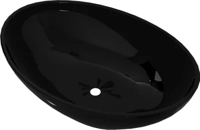 A black oval ceramic sink with a drain hole in the center.