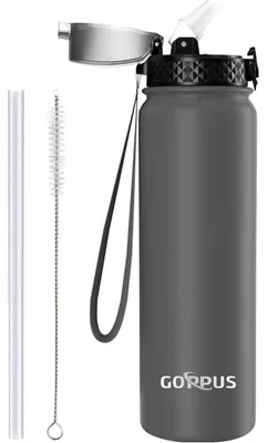 Produktbild von Thermosflasche mit Strohhalm 1L Edelstahl Grau BPA-frei Auslaufsicher