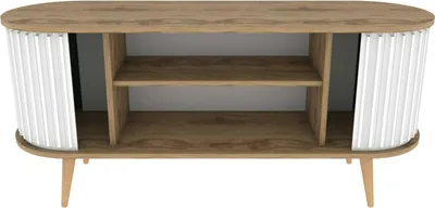 Produktbild von Fernsehschrank Aludra, Ständer für Wohnzimmerfernseher, Niedriges Wohnzimmer-Sideboard, TV-Ständerbasis, 140x43h64 cm, Eiche und Weiß