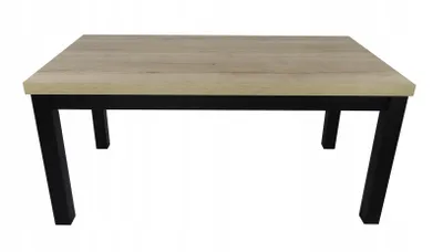 A rectangular table with a light wood top and black legs, isolated on a white background.