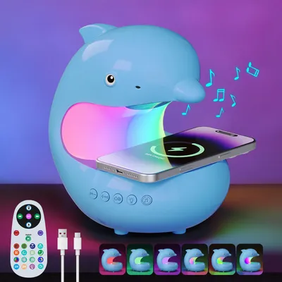 Produktbild von LED Nachtlicht Delfin RGB Dimmbare Nachttischlampe Wireless Ladegerät Bluetooth Lautsprecher mit Timer und Fernbedienung, Blau