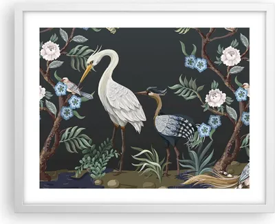 Produktbild von Gerahmtes Poster - Weißer Rahmen - Asiatisch Reiher Blumen - 50x40 cm - Wand Bild - Wanddeko - Wandbilder - Kunstposter - Wandposter - Bilderrahmen - Bilder - Kunstdruck - P2WAA50x40-4699