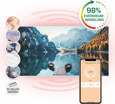 Zdjęcie produktu dla Klarstein Ogrzewanie na podczerwień z termostatem, 700W grzejnik elektryczny, Ogrzewanie z grafiką do montażu ściennego, IR ze sterowaniem IoT/WiFi, Płaski grzejnik do pomieszczeń wilgotnych, bez CO2