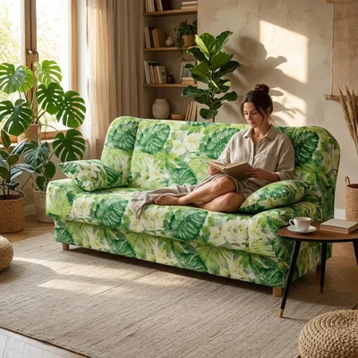 Produktbild von Schlafsofa SARA Poly – Pflanzliches Design, Webstoff in Grün, Family Meble, KI-generiertes Bild