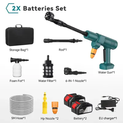 Produktbild von Kabelloser Hochdruckreiniger - 6-in-1 Schaumsprüher - 180° Verstellbare Düse - 2 Akkus - Für Auto, Garten, Terrasse - Grün