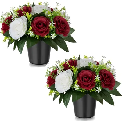 Imagen del producto de Flores artificiales en maceta, 2 rosas rojas, de seda, para decoración de tumbas